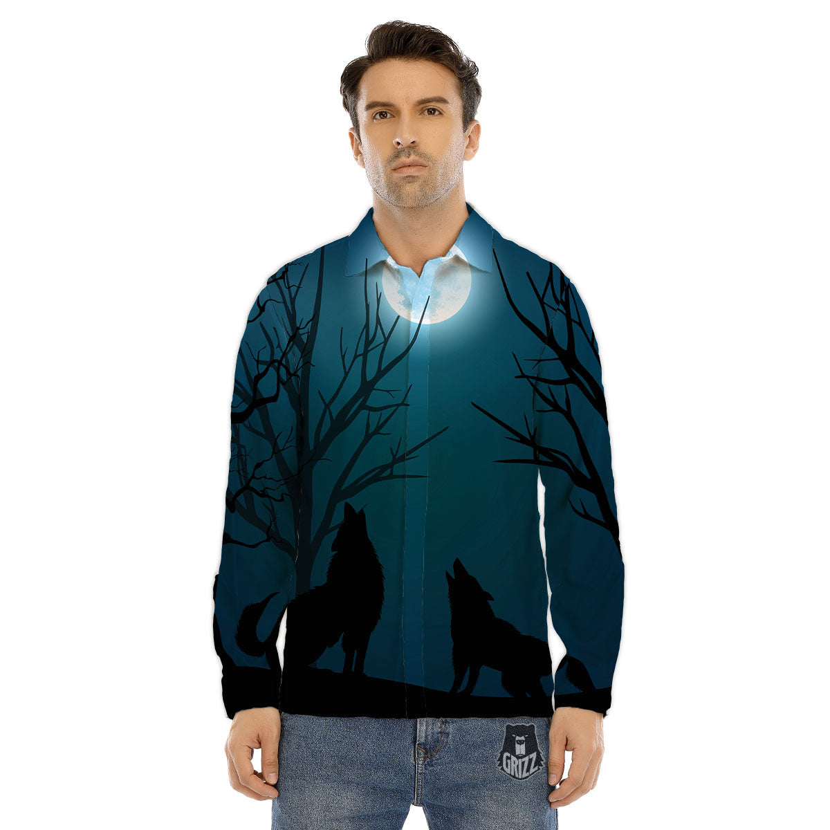 Howling Wolf At The Full Moon Print Men's Dress Shirts-grizzshop