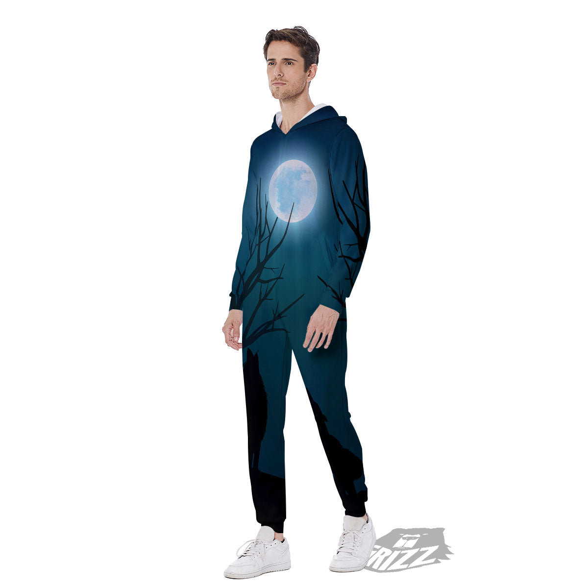 Howling Wolf At The Full Moon Print Men's Jumpsuit-grizzshop
