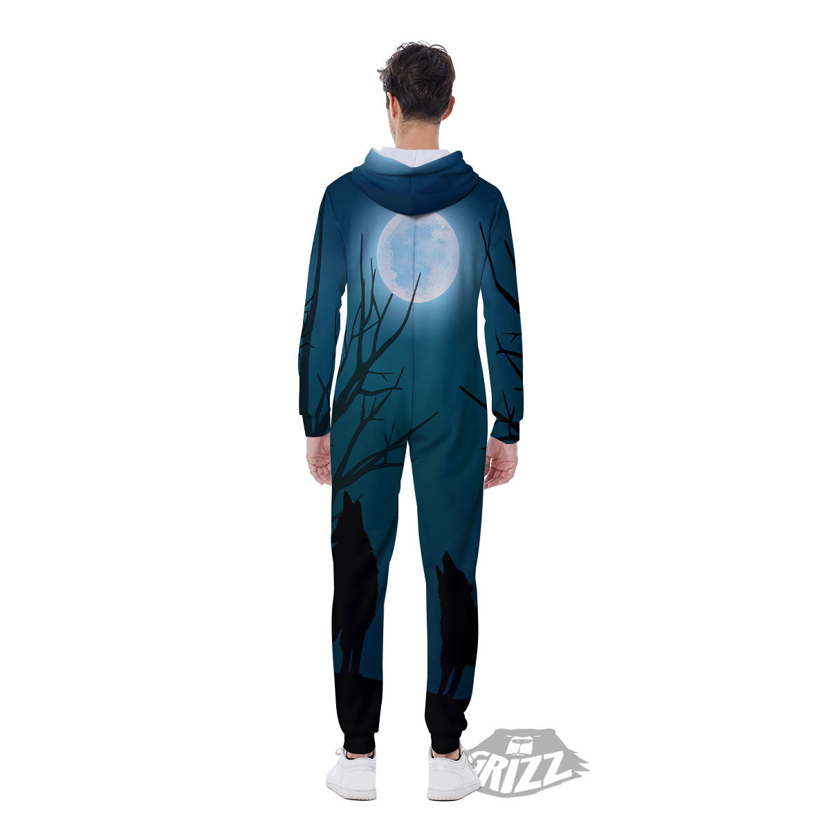 Howling Wolf At The Full Moon Print Men's Jumpsuit-grizzshop
