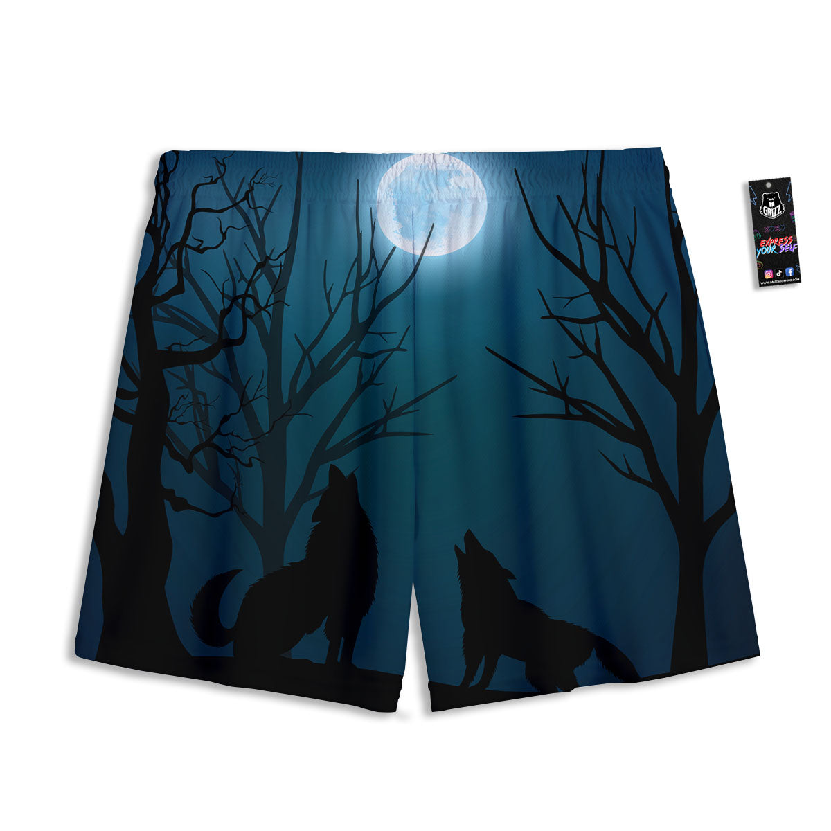 Howling Wolf At The Full Moon Print Mesh Shorts