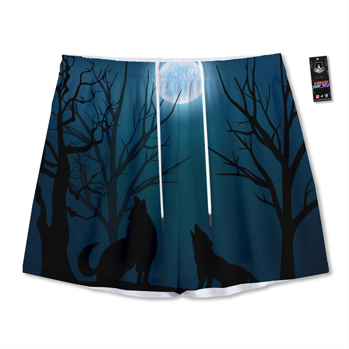 Howling Wolf At The Full Moon Print Mesh Shorts