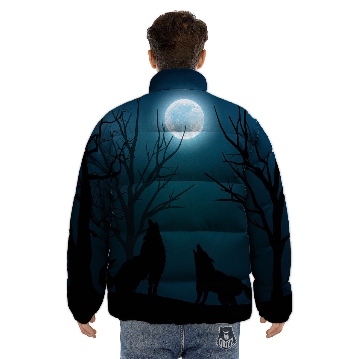 Howling Wolf At The Full Moon Print Puffer Jacket-grizzshop