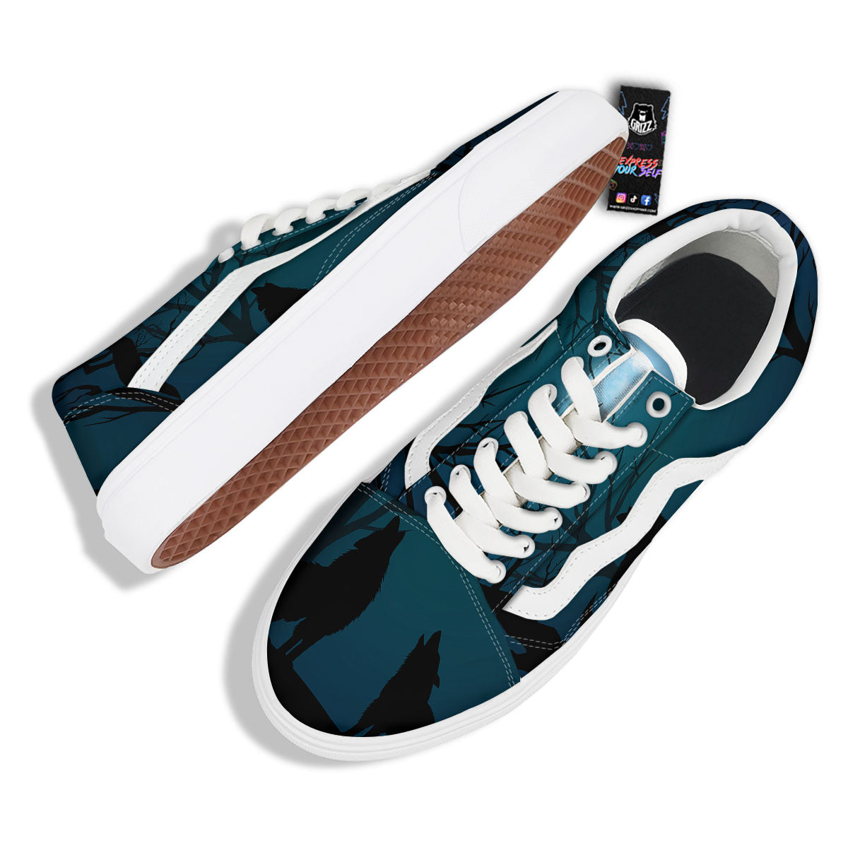 Howling Wolf At The Full Moon Print Skate Shoes-grizzshop