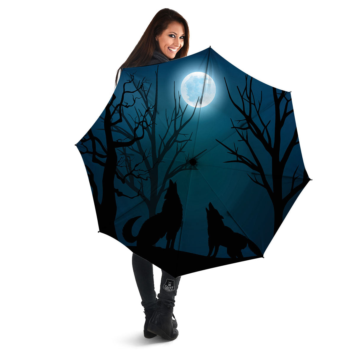 Howling Wolf At The Full Moon Print Umbrella-grizzshop