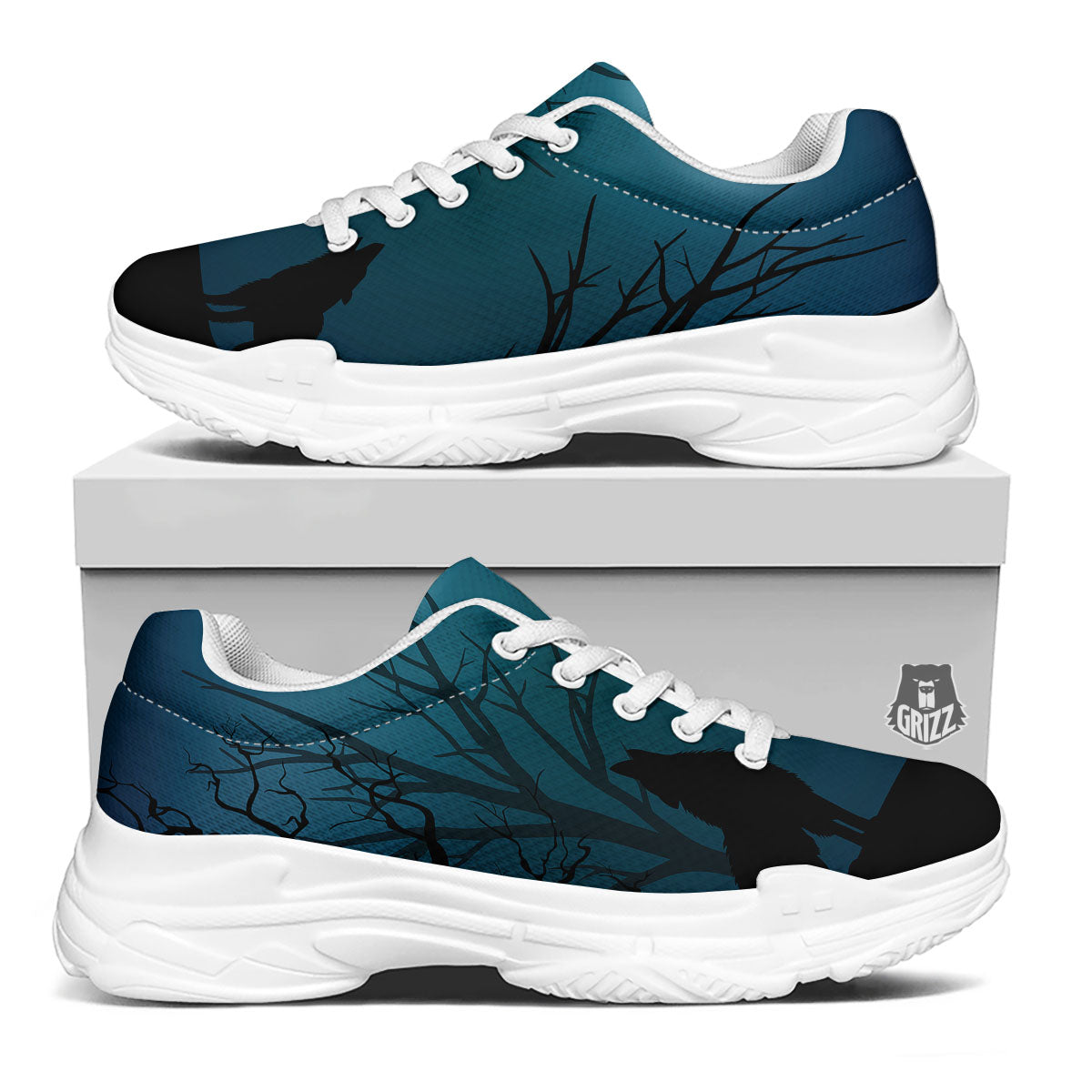 Howling Wolf At The Full Moon Print White Chunky Shoes-grizzshop