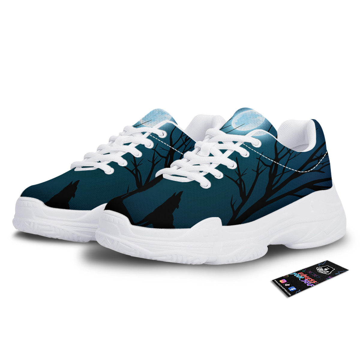 Howling Wolf At The Full Moon Print White Chunky Shoes-grizzshop
