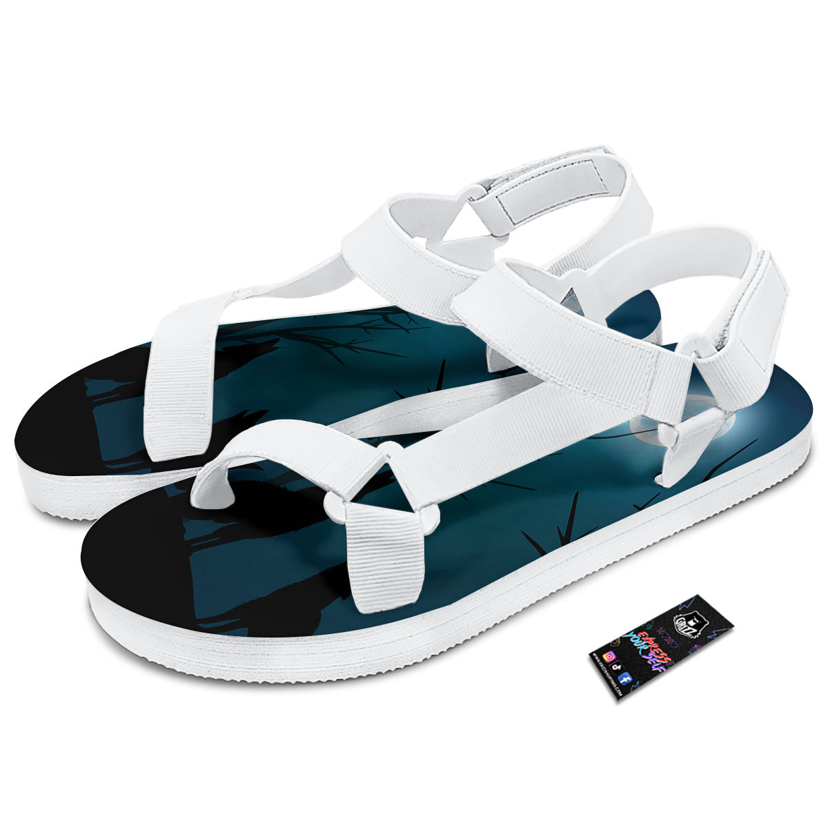 Howling Wolf At The Full Moon Print White Open Toe Sandals-grizzshop