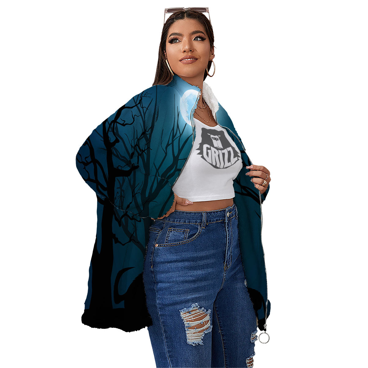 Howling Wolf At The Full Moon Print Women's Sherpa Jacket-grizzshop