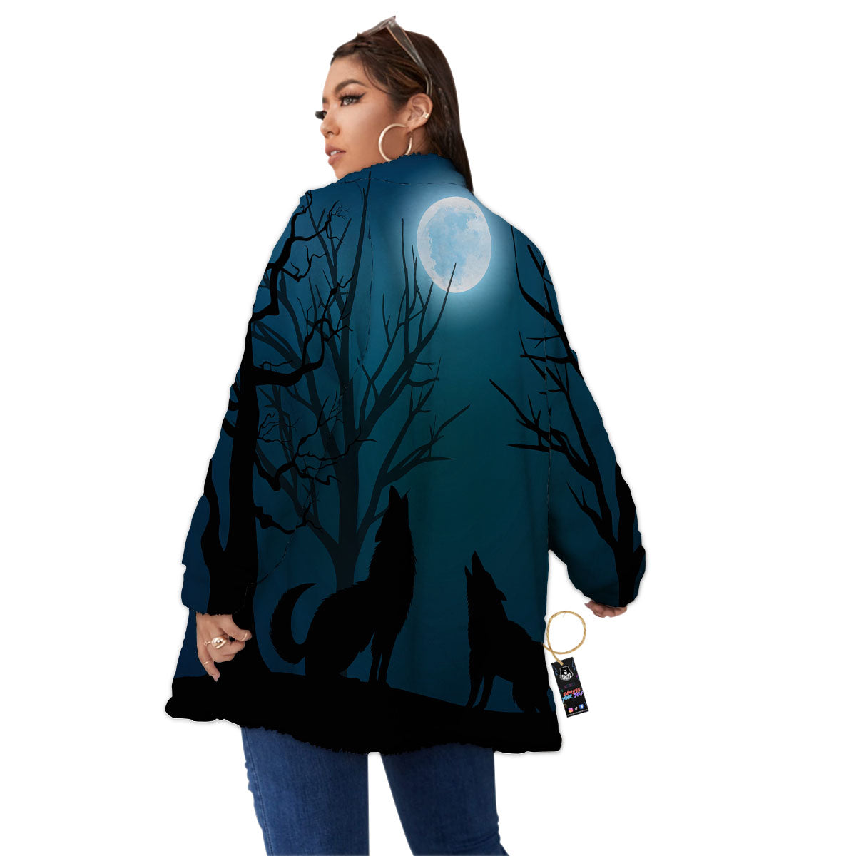 Howling Wolf At The Full Moon Print Women's Sherpa Jacket-grizzshop
