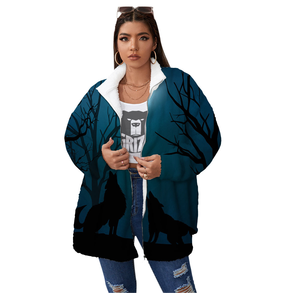 Howling Wolf At The Full Moon Print Women's Sherpa Jacket-grizzshop