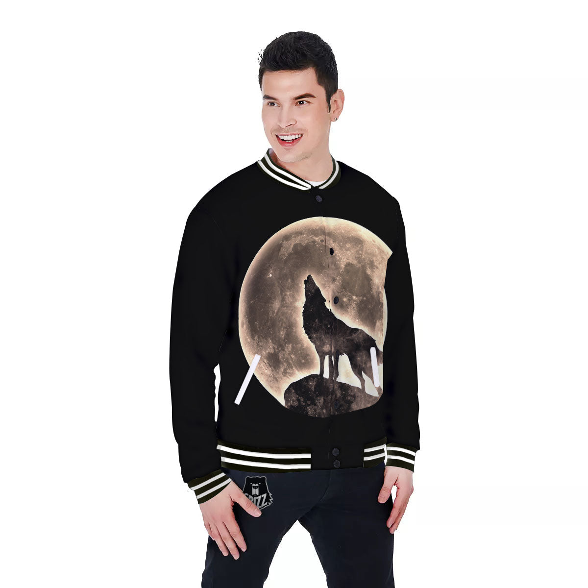 Howling Wolf Full Moon Print Baseball Jacket-grizzshop