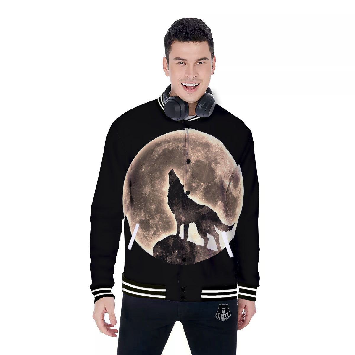 Howling Wolf Full Moon Print Baseball Jacket-grizzshop