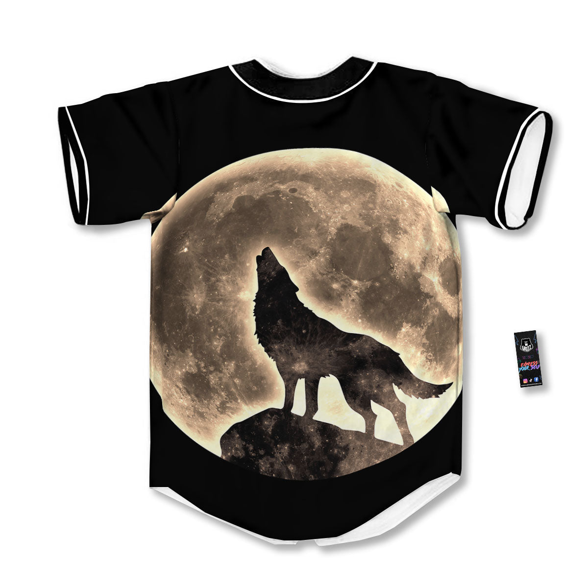 Howling Wolf Full Moon Print Baseball Jersey-grizzshop