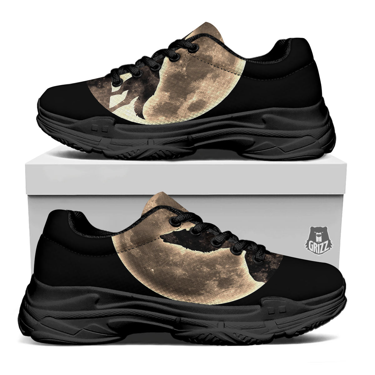 Howling Wolf Full Moon Print Black Chunky Shoes-grizzshop