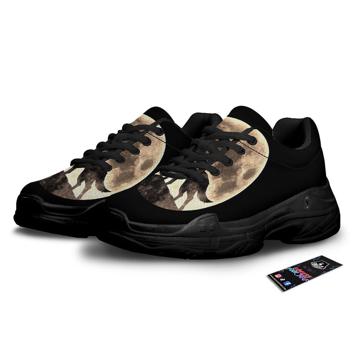 Howling Wolf Full Moon Print Black Chunky Shoes-grizzshop