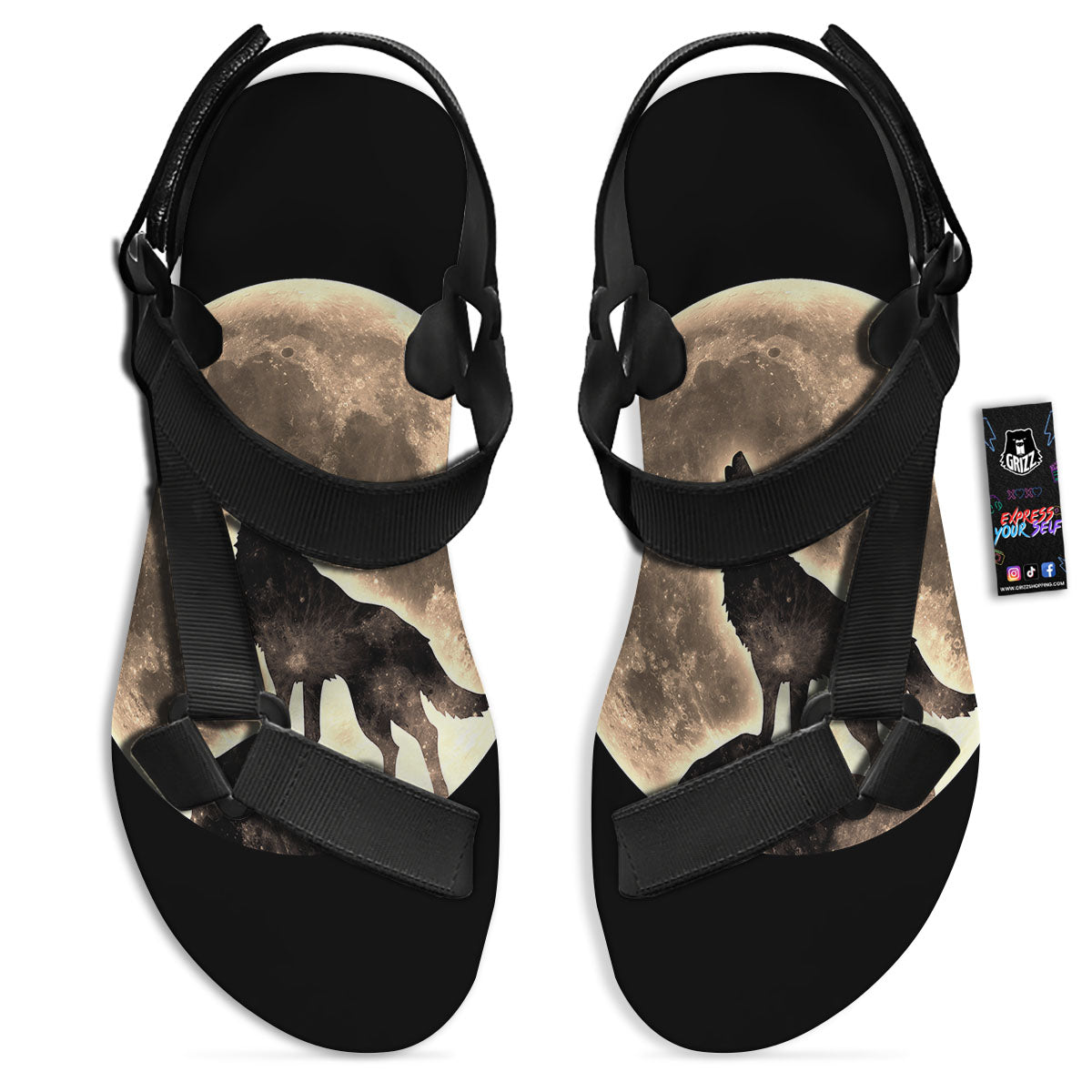 Howling Wolf Full Moon Print Black Open Toe Sandals-grizzshop