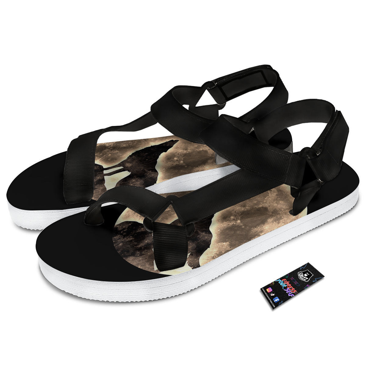 Howling Wolf Full Moon Print Black Open Toe Sandals-grizzshop
