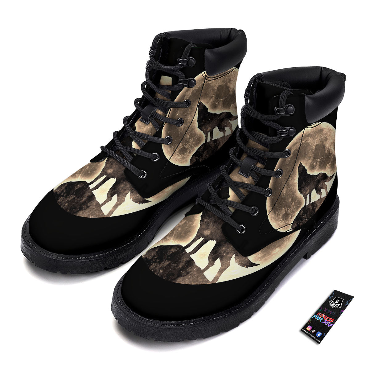 Howling Wolf Full Moon Print Boots-grizzshop