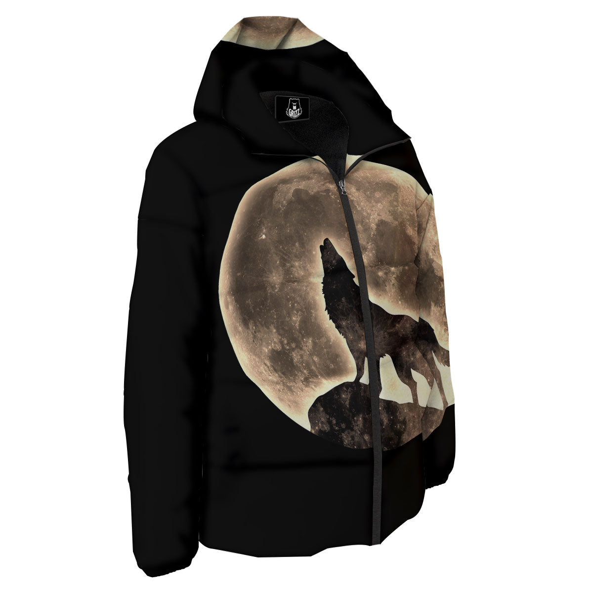 Howling Wolf Full Moon Print Down Jacket-grizzshop