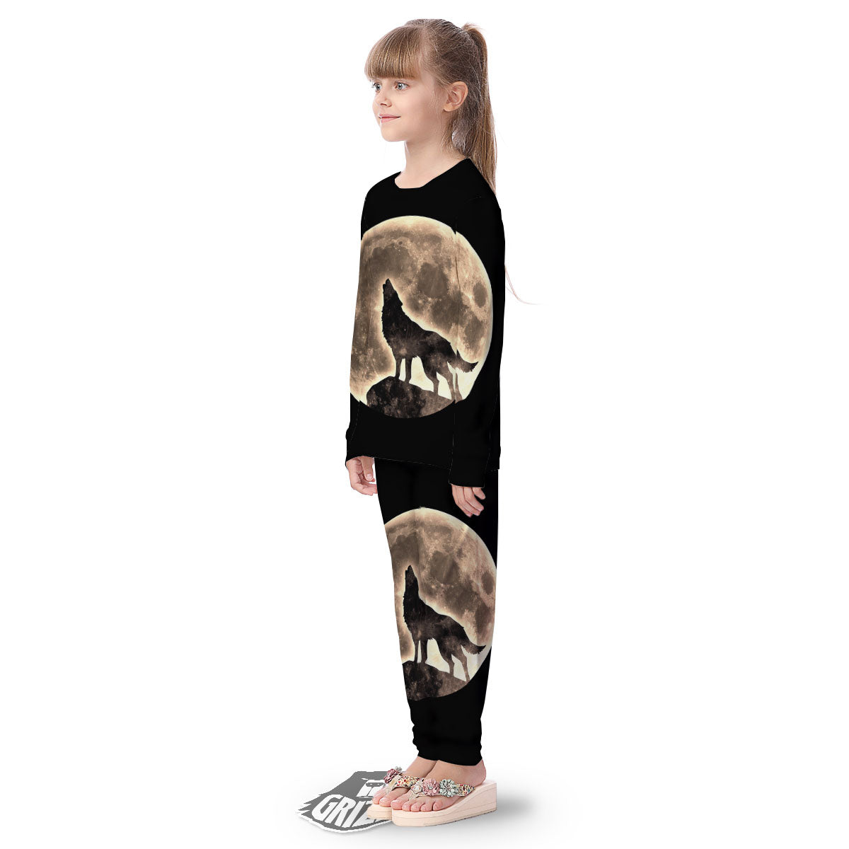 Howling Wolf Full Moon Print Kid's Pajamas-grizzshop