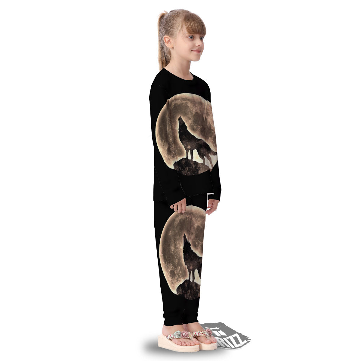Howling Wolf Full Moon Print Kid's Pajamas-grizzshop