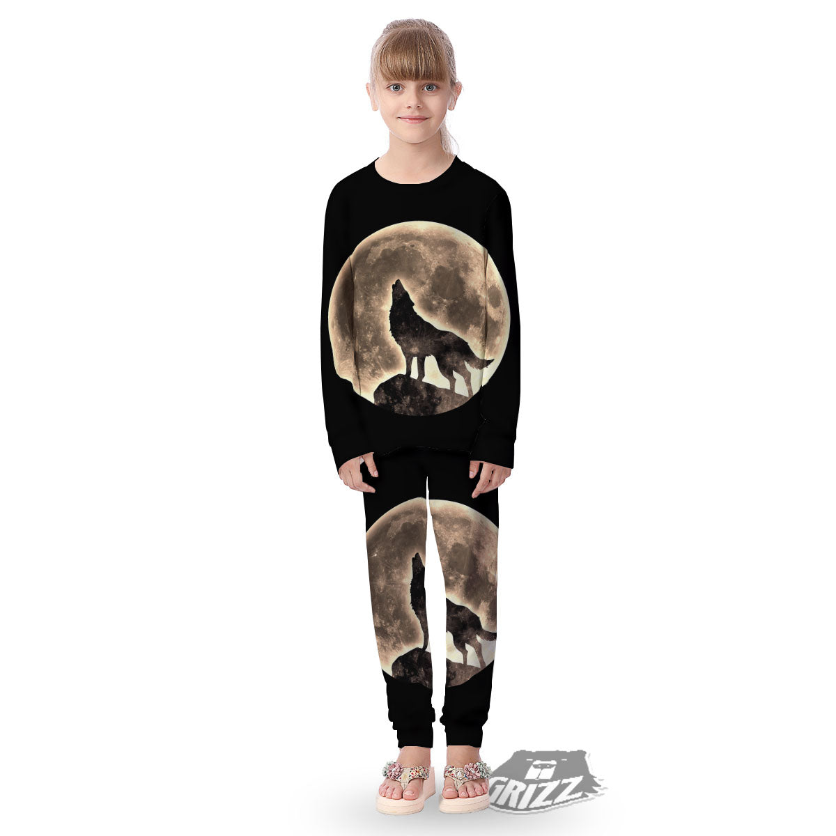 Howling Wolf Full Moon Print Kid's Pajamas-grizzshop