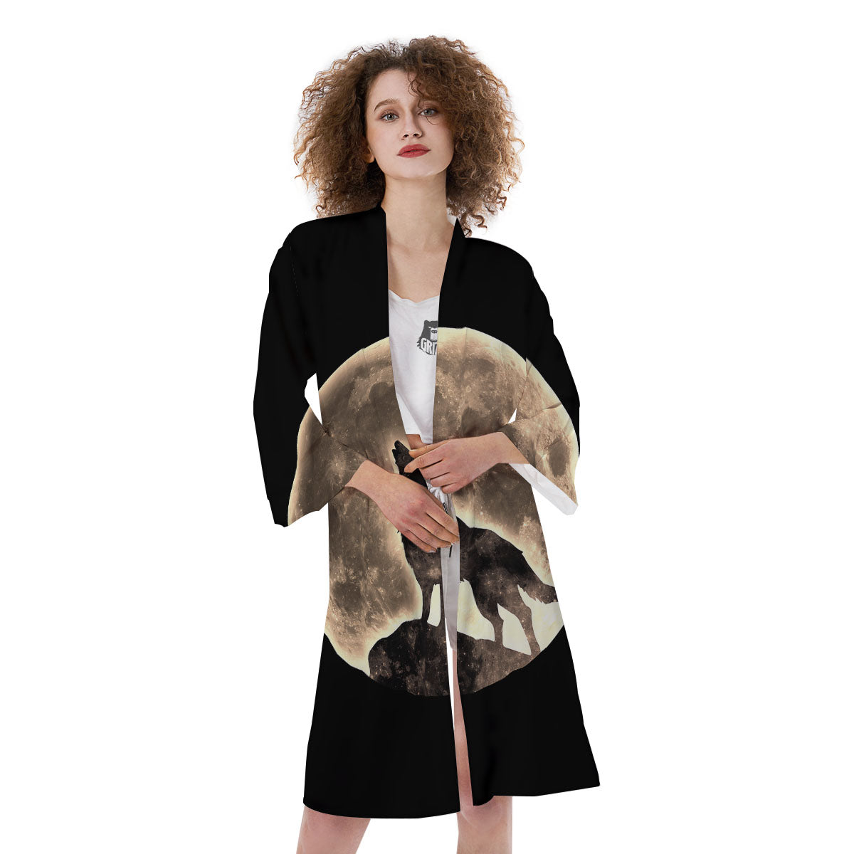 Howling Wolf Full Moon Print Kimono-grizzshop