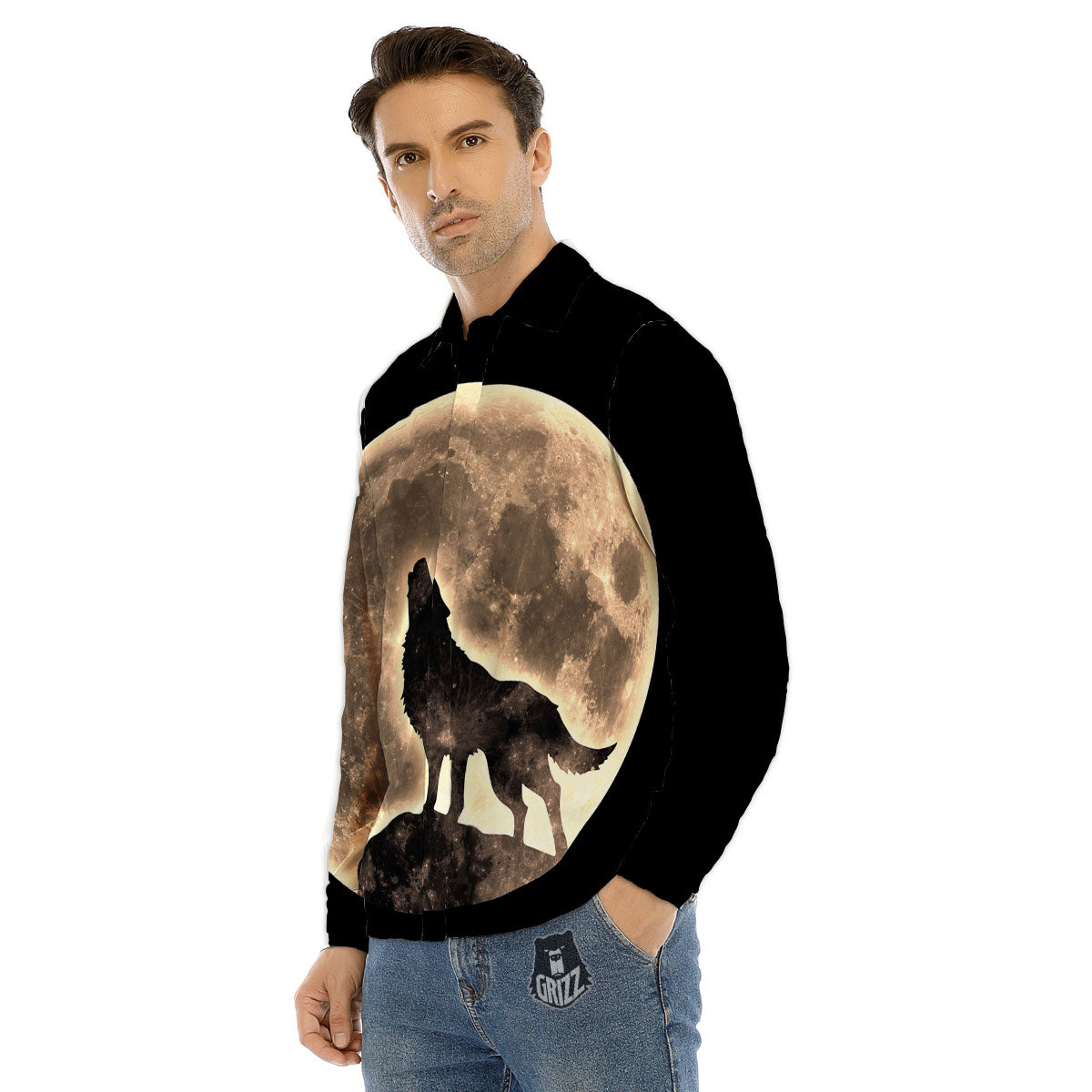 Howling Wolf Full Moon Print Men's Dress Shirts-grizzshop