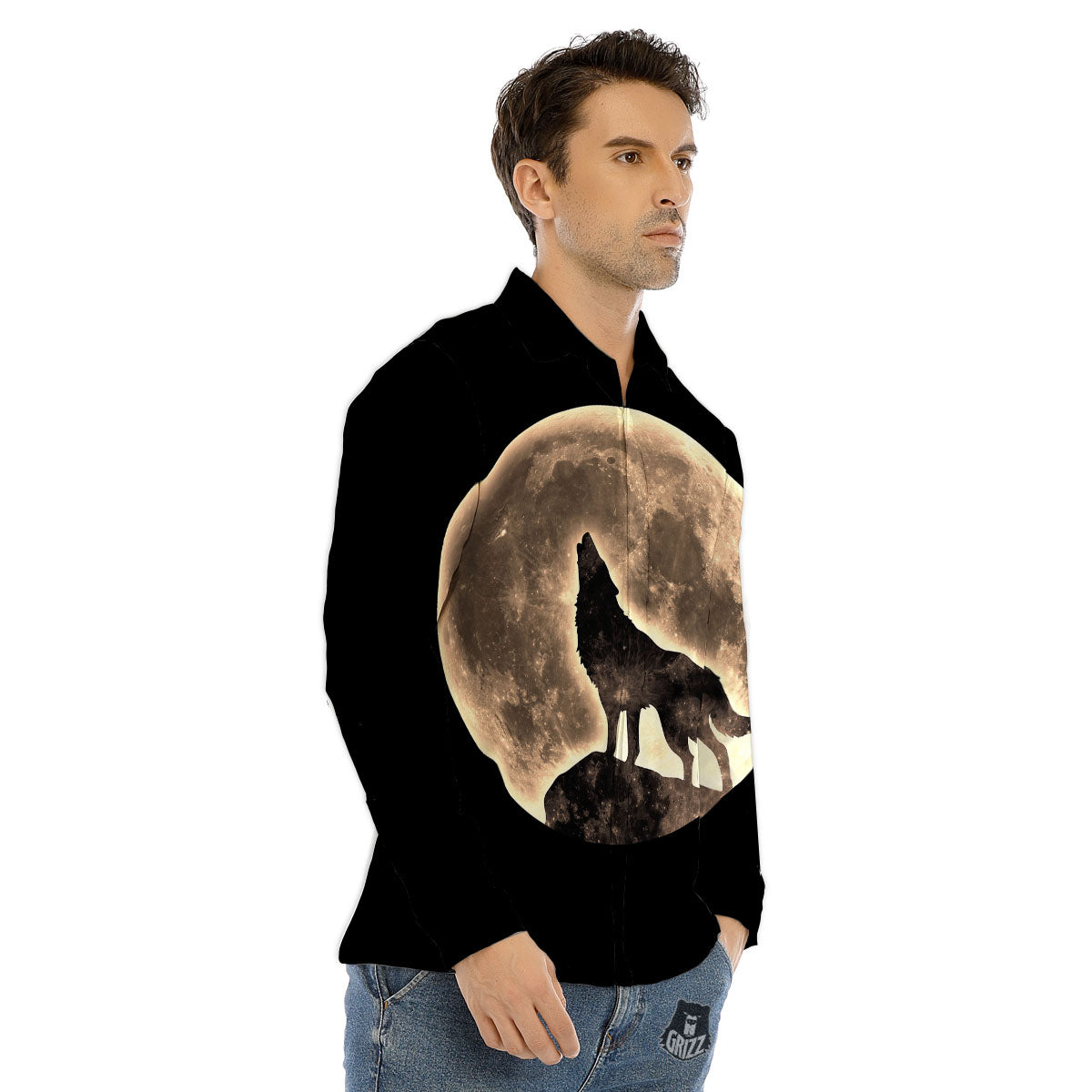 Howling Wolf Full Moon Print Men's Dress Shirts-grizzshop