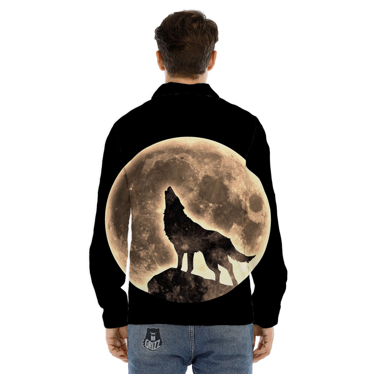 Howling Wolf Full Moon Print Men's Dress Shirts-grizzshop