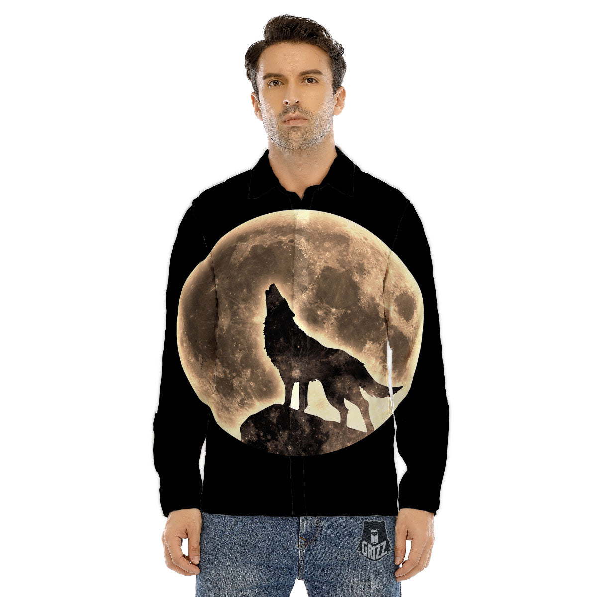 Howling Wolf Full Moon Print Men's Dress Shirts-grizzshop