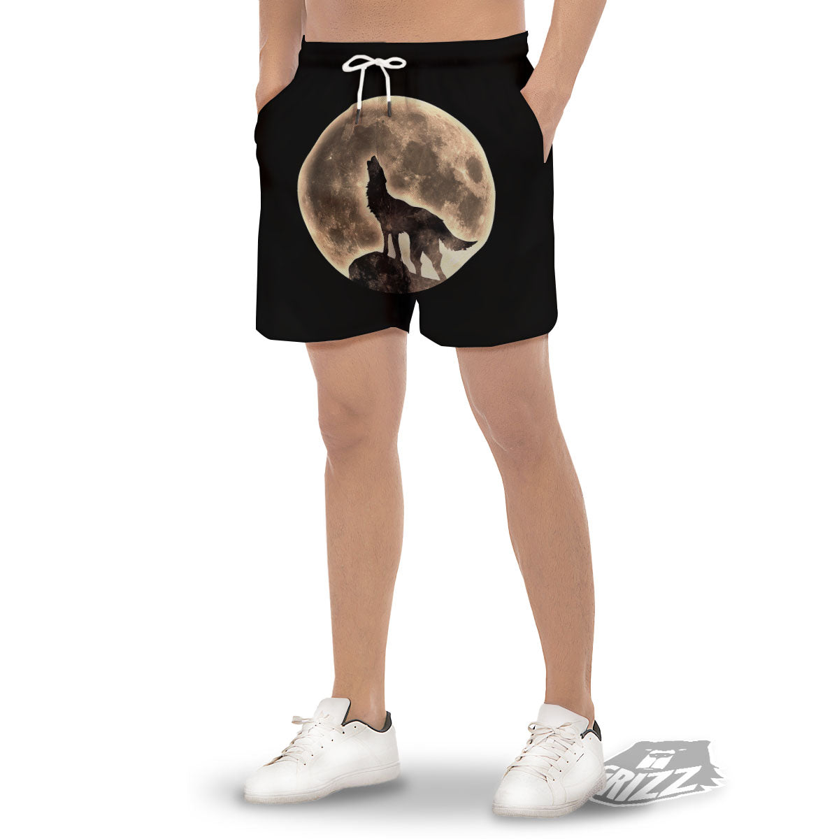 Howling Wolf Full Moon Print Men's Gym Shorts-grizzshop