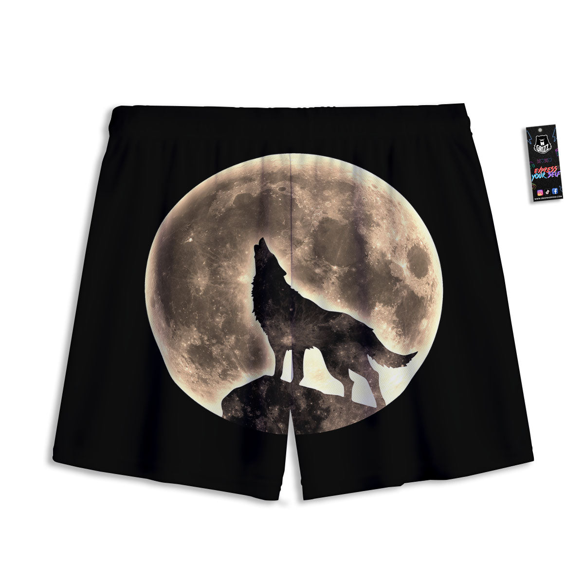 Howling Wolf Full Moon Print Mesh Shorts