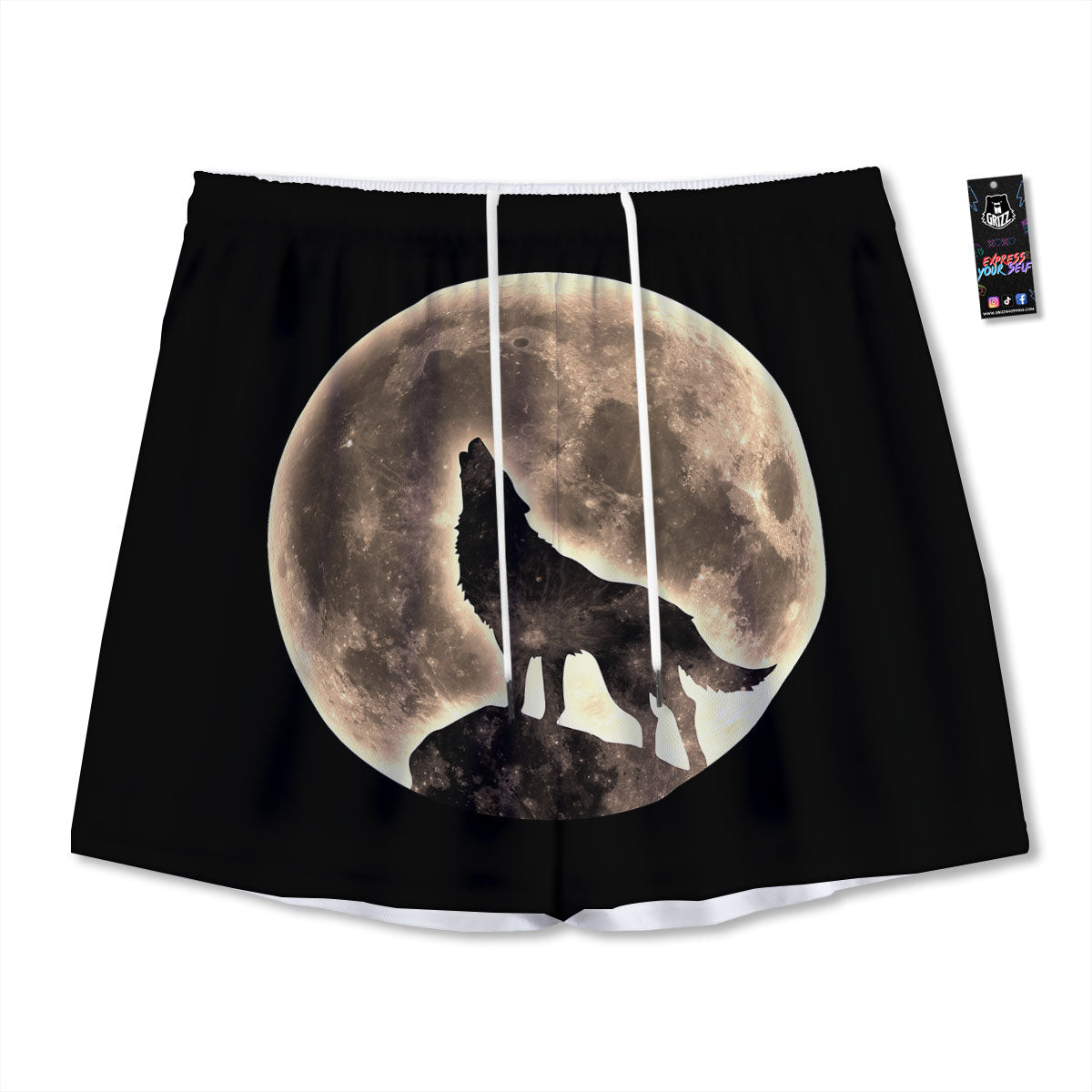 Howling Wolf Full Moon Print Mesh Shorts
