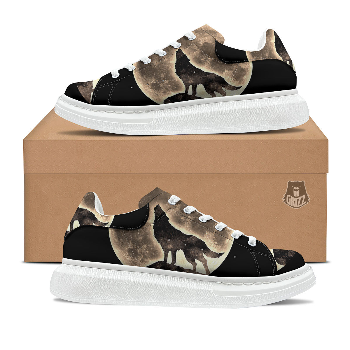 Howling Wolf Full Moon Print Platform Shoes-grizzshop