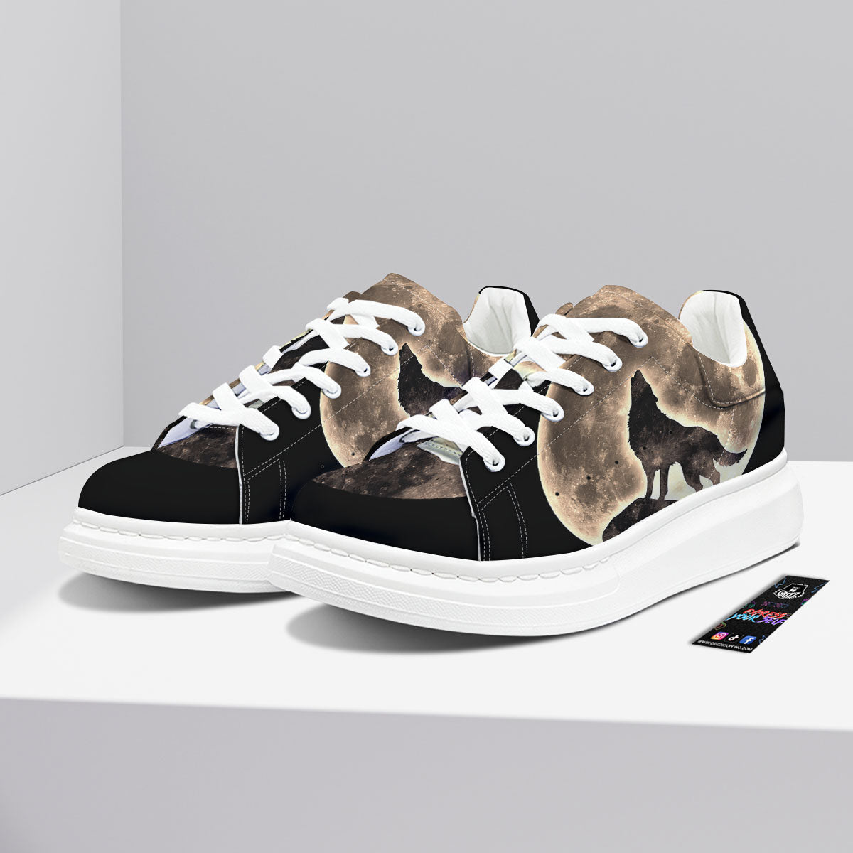 Howling Wolf Full Moon Print Platform Shoes-grizzshop