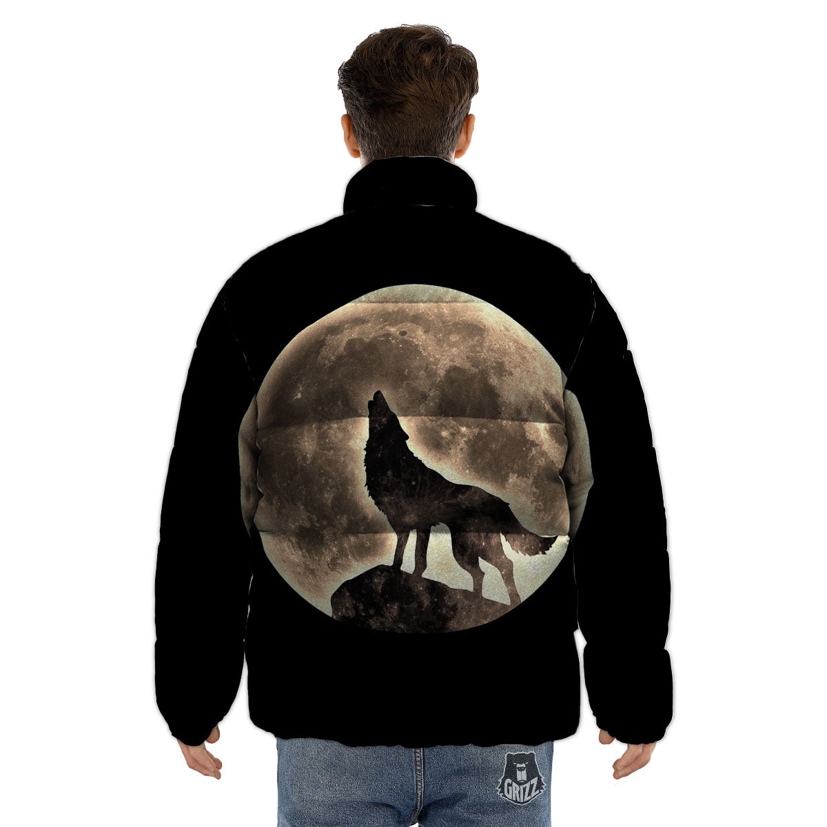 Howling Wolf Full Moon Print Puffer Jacket-grizzshop