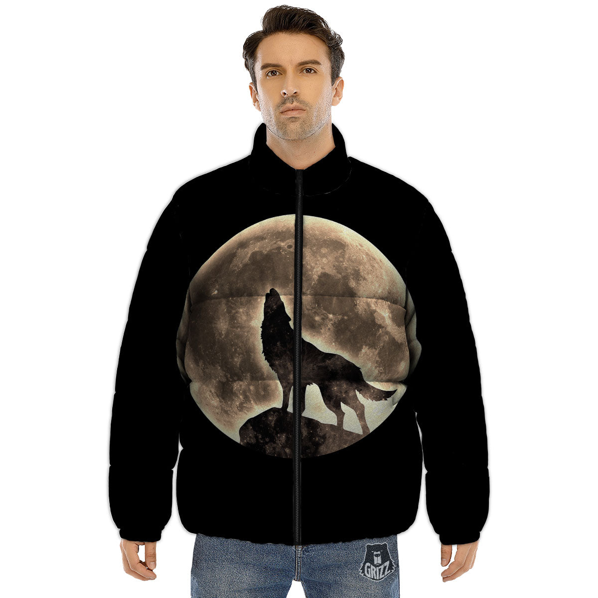 Howling Wolf Full Moon Print Puffer Jacket-grizzshop