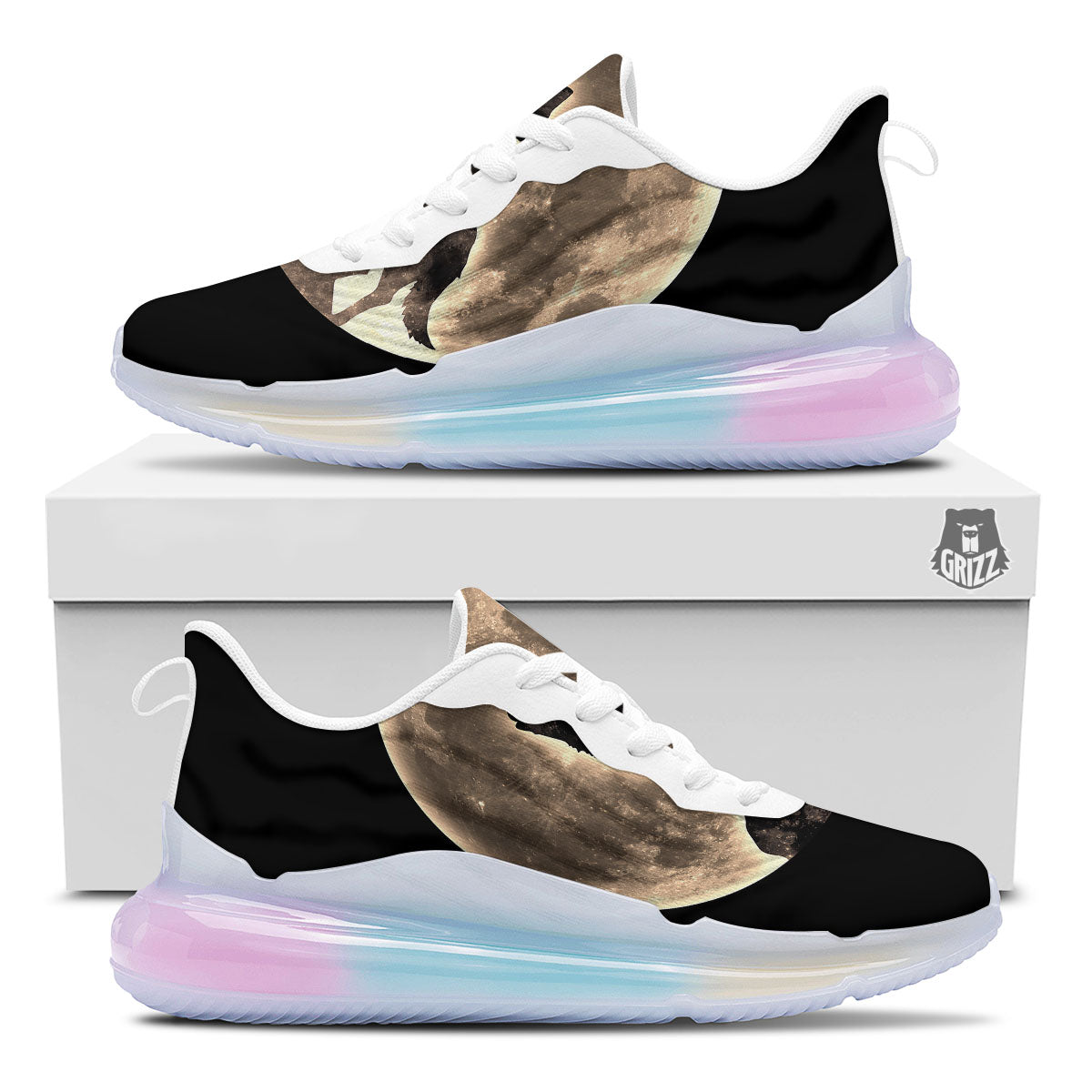Howling Wolf Full Moon Print Running Sneakers-grizzshop