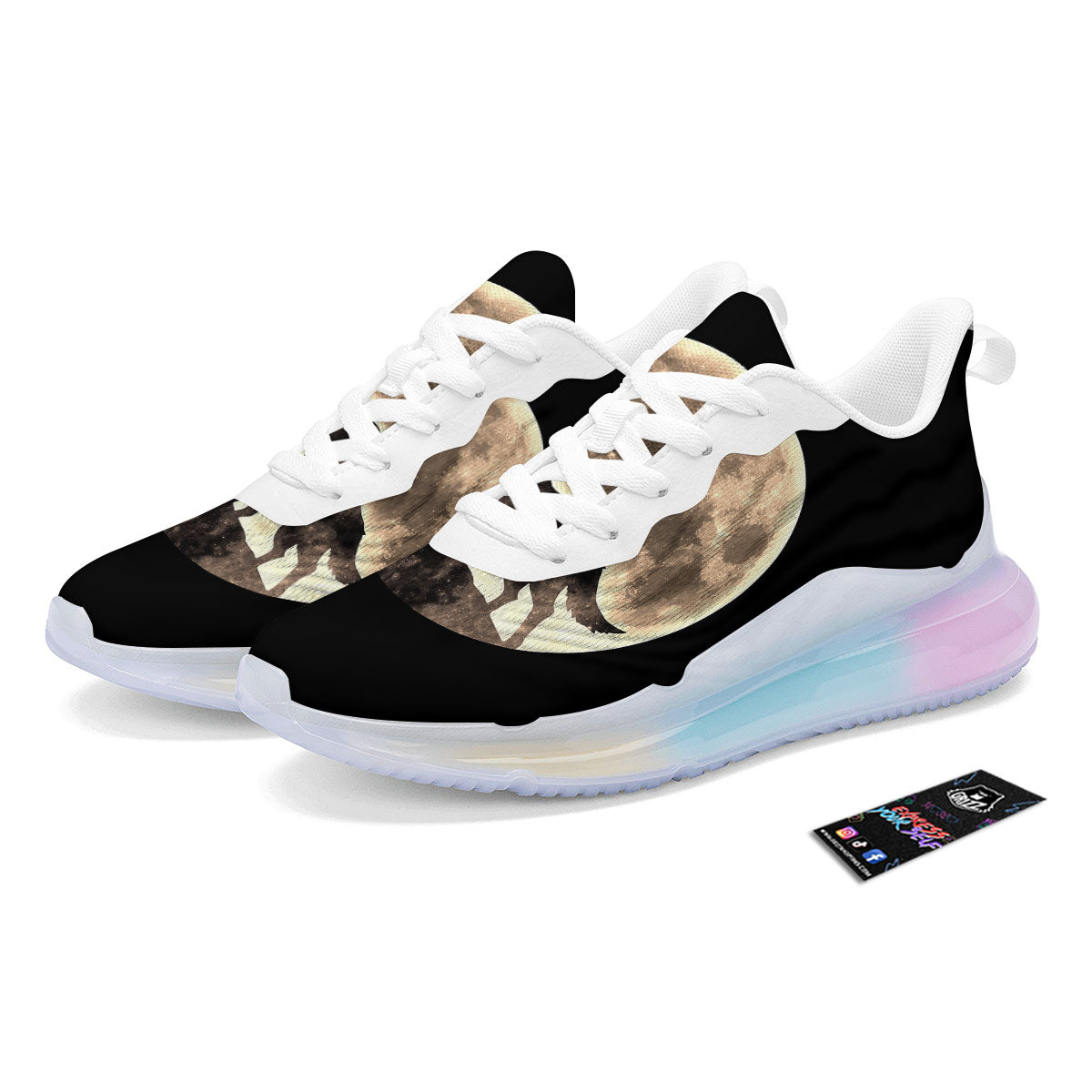 Howling Wolf Full Moon Print Running Sneakers-grizzshop