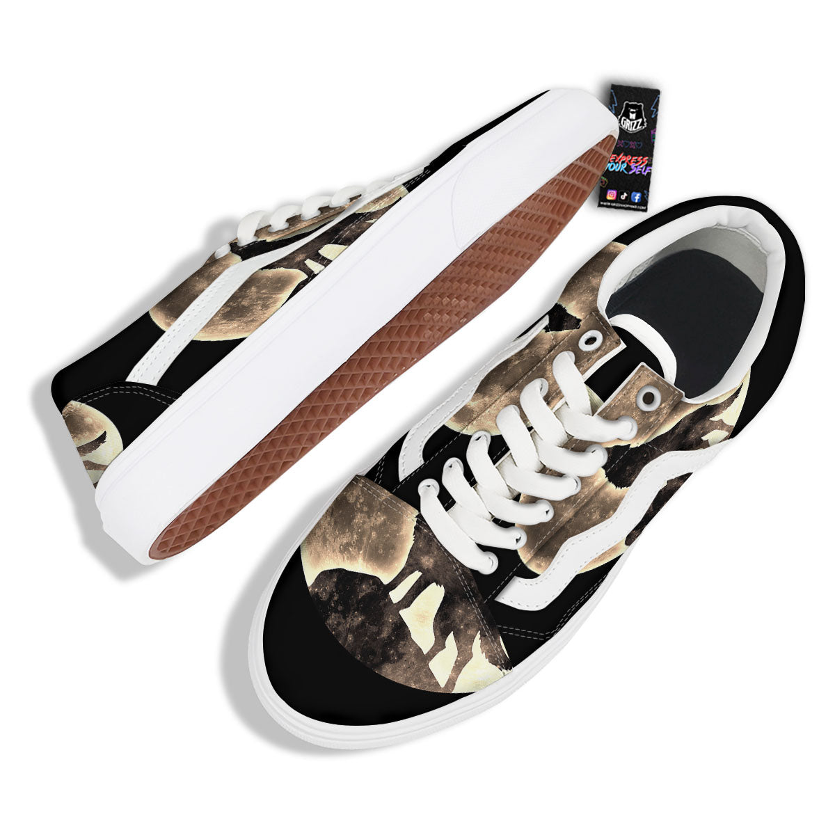 Howling Wolf Full Moon Print Skate Shoes-grizzshop