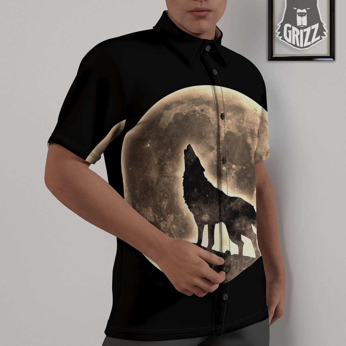 Howling Wolf Full Moon Print Untucked Shirts-grizzshop