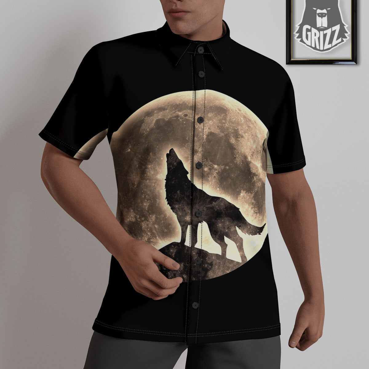Howling Wolf Full Moon Print Untucked Shirts-grizzshop