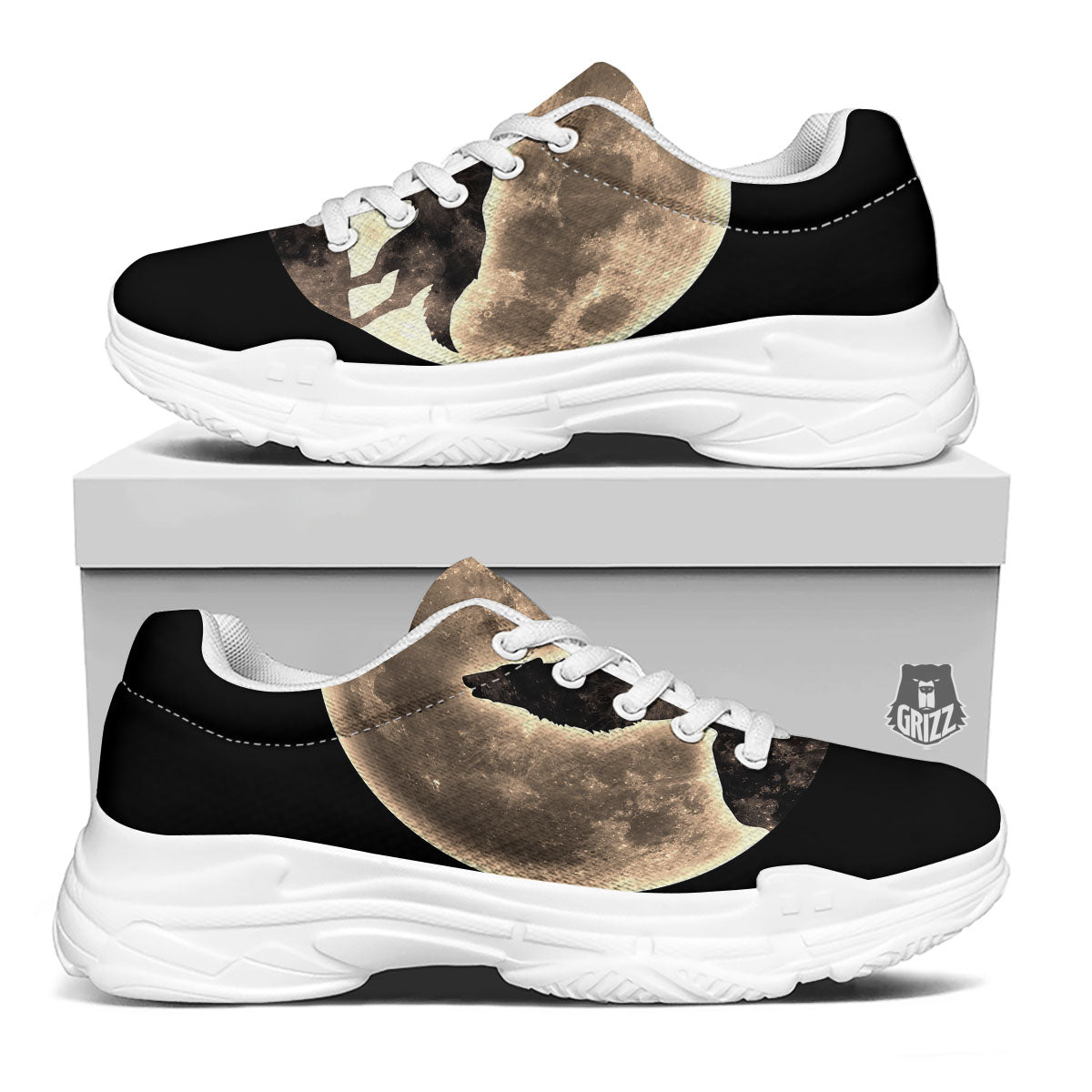 Howling Wolf Full Moon Print White Chunky Shoes-grizzshop
