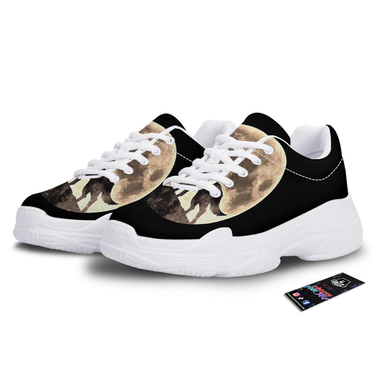 Howling Wolf Full Moon Print White Chunky Shoes-grizzshop