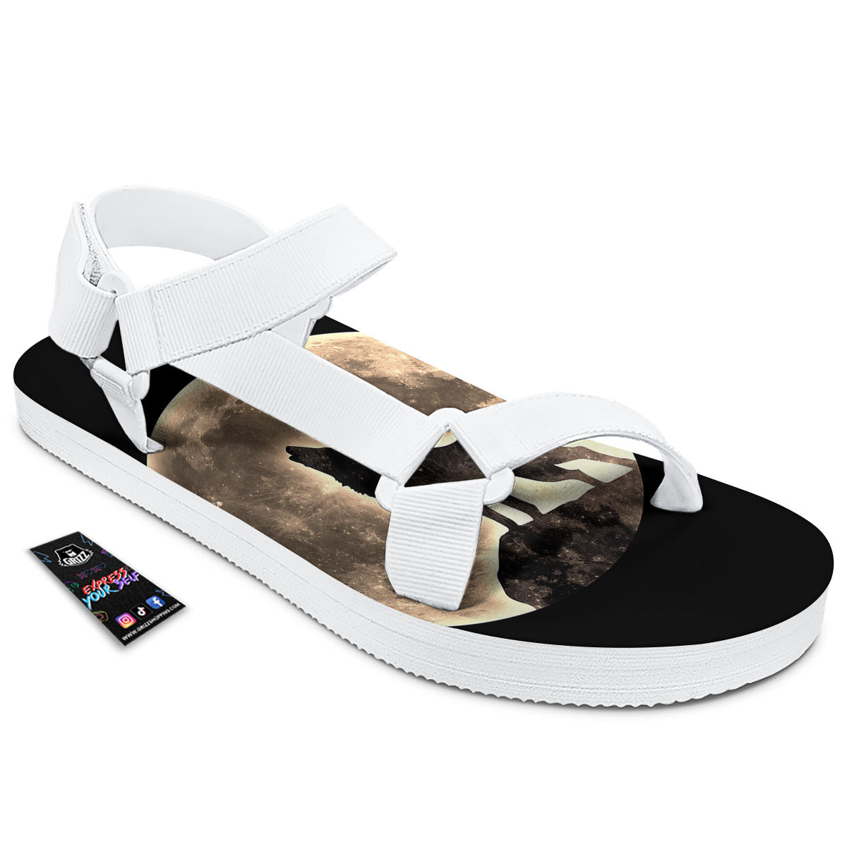 Howling Wolf Full Moon Print White Open Toe Sandals-grizzshop