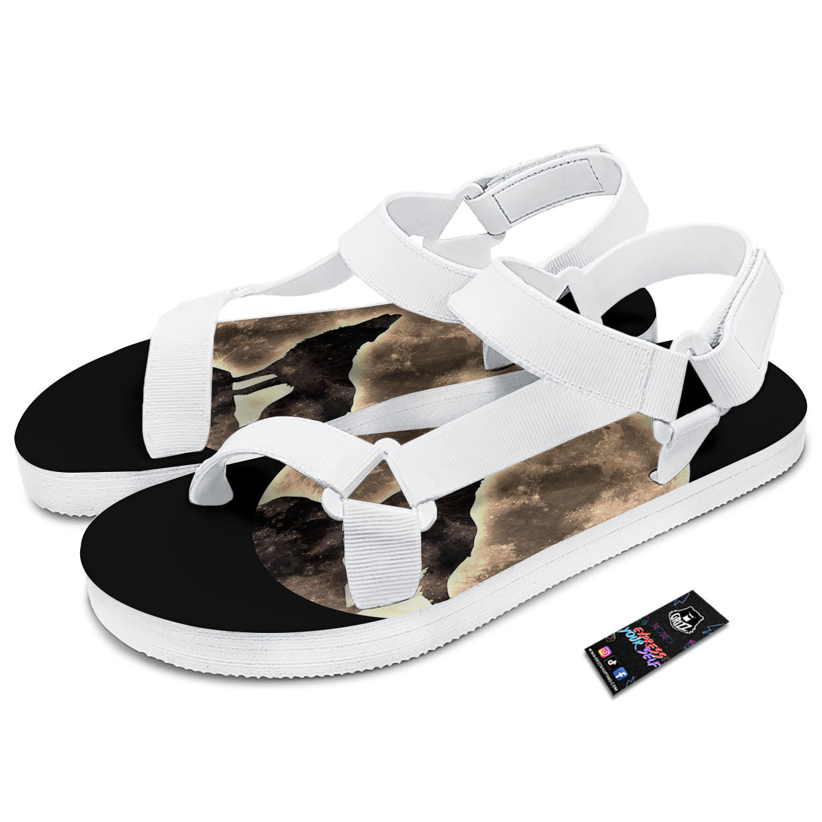Howling Wolf Full Moon Print White Open Toe Sandals-grizzshop
