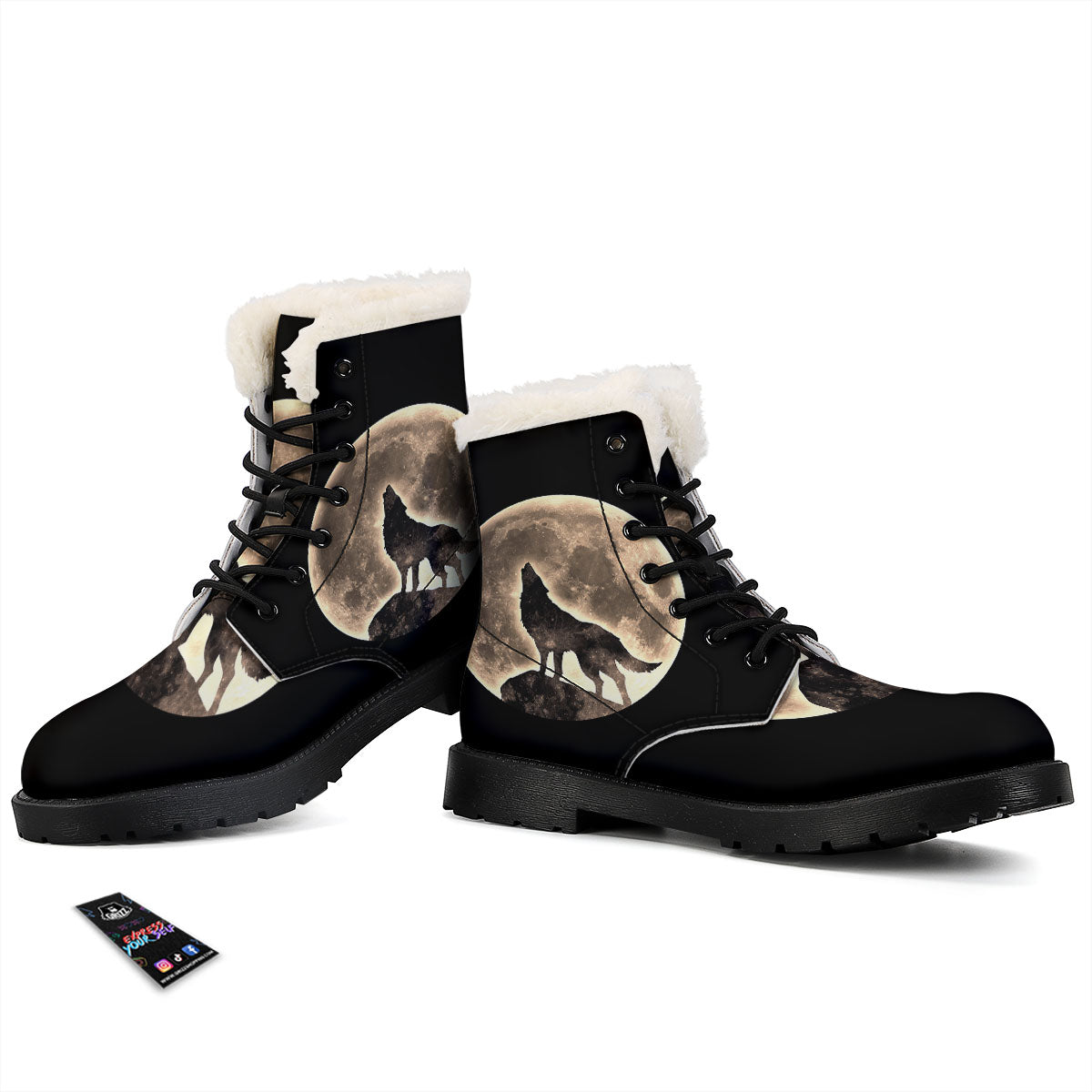Howling Wolf Full Moon Print Winter Boots-grizzshop