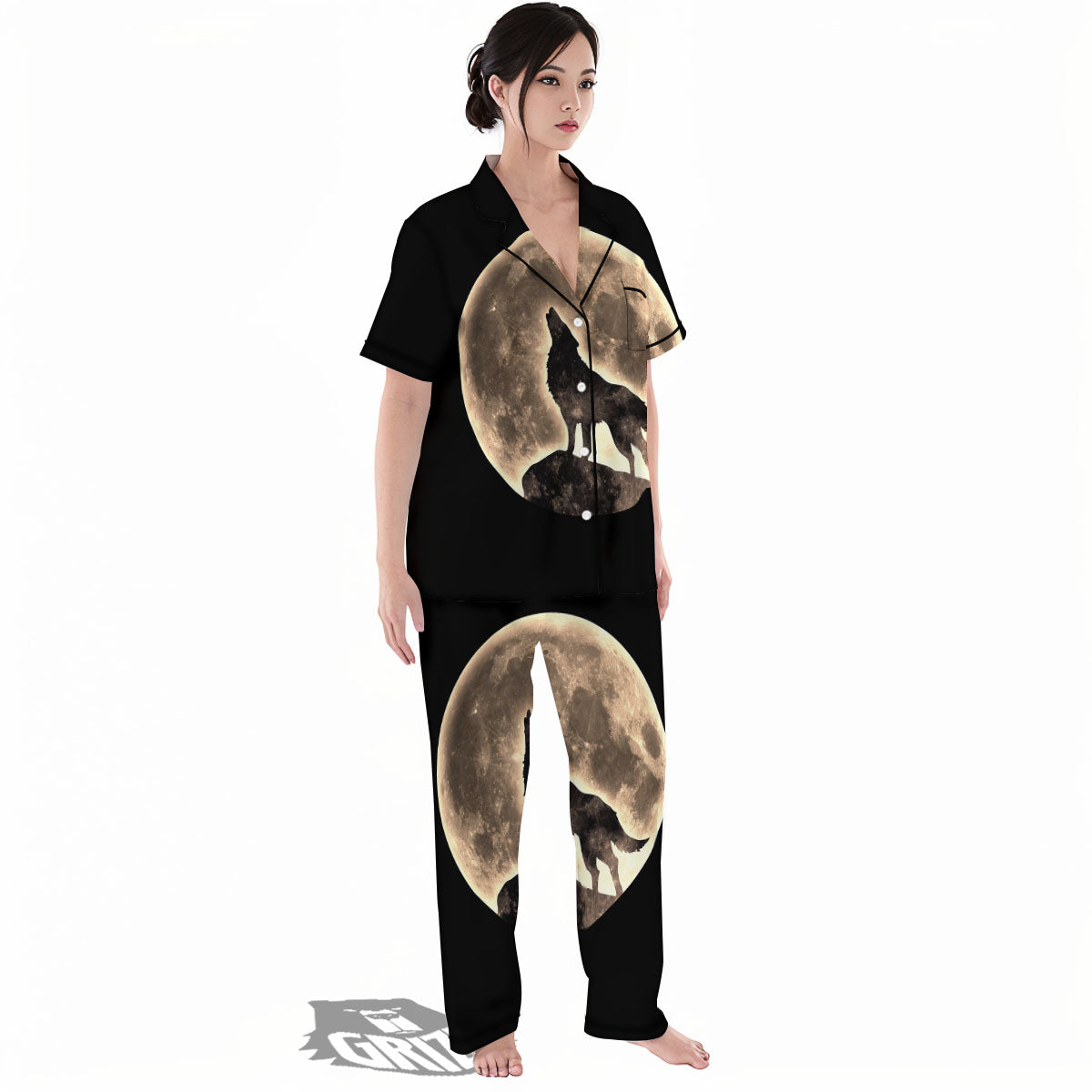 Howling Wolf Full Moon Print Women's Pajamas Set-grizzshop