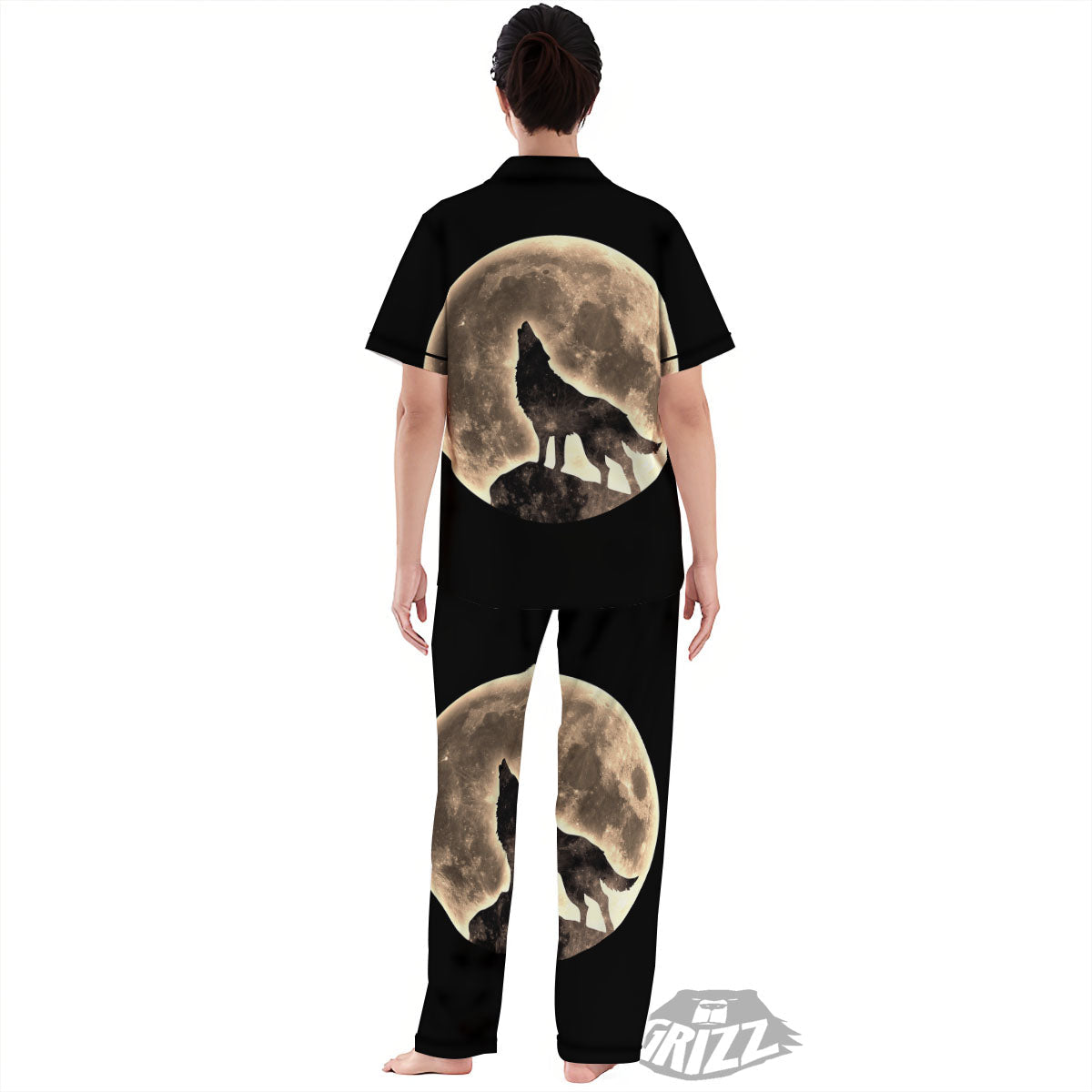 Howling Wolf Full Moon Print Women's Pajamas Set-grizzshop